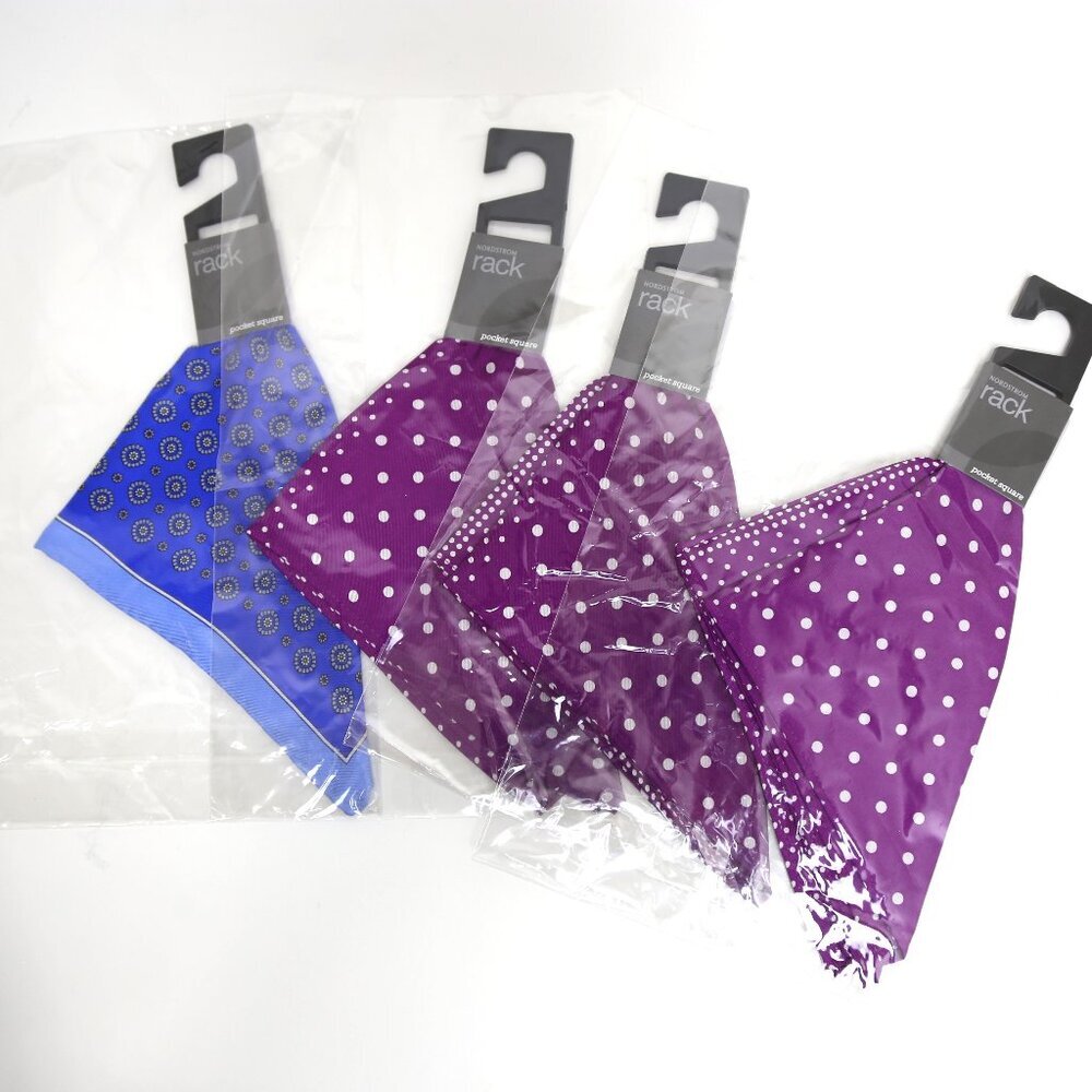 NWT Men's Nordstrom Rack 4-Pack Pocket Square Bundle - Purple & Blue Polka Dot